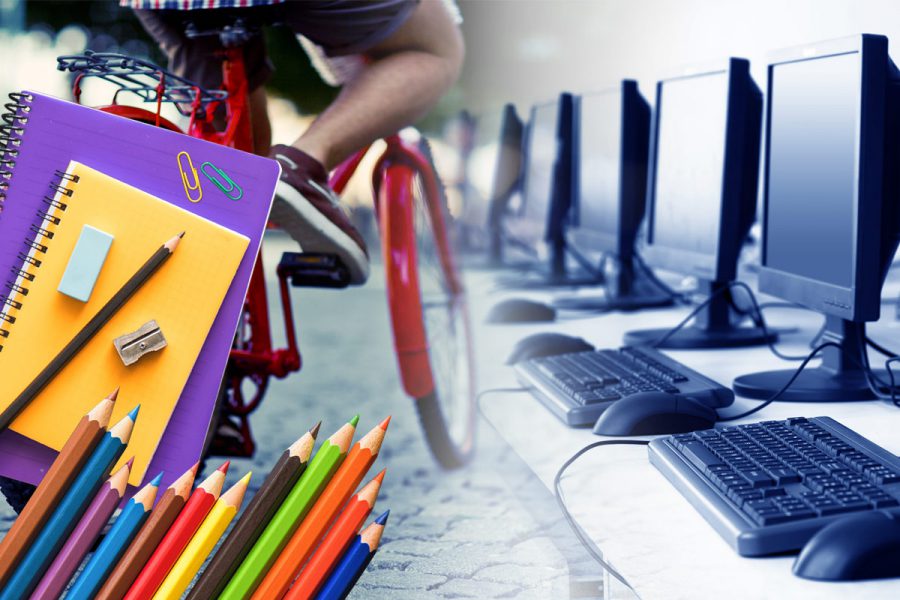 Samengestelde afbeelding kind op een fiets, schrijfgerei en computers